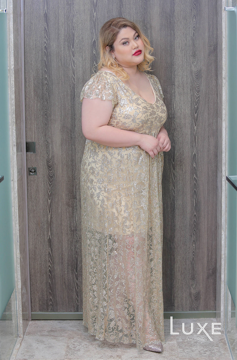 Deep V-Neck Glitter Gown - Golden Goddess- LUXE