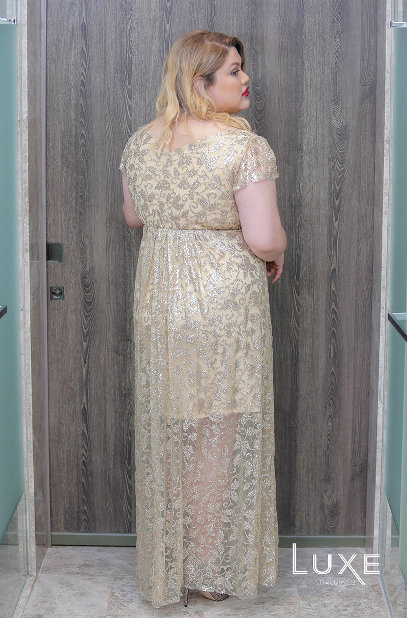 Deep V-Neck Glitter Gown - Golden Goddess- LUXE