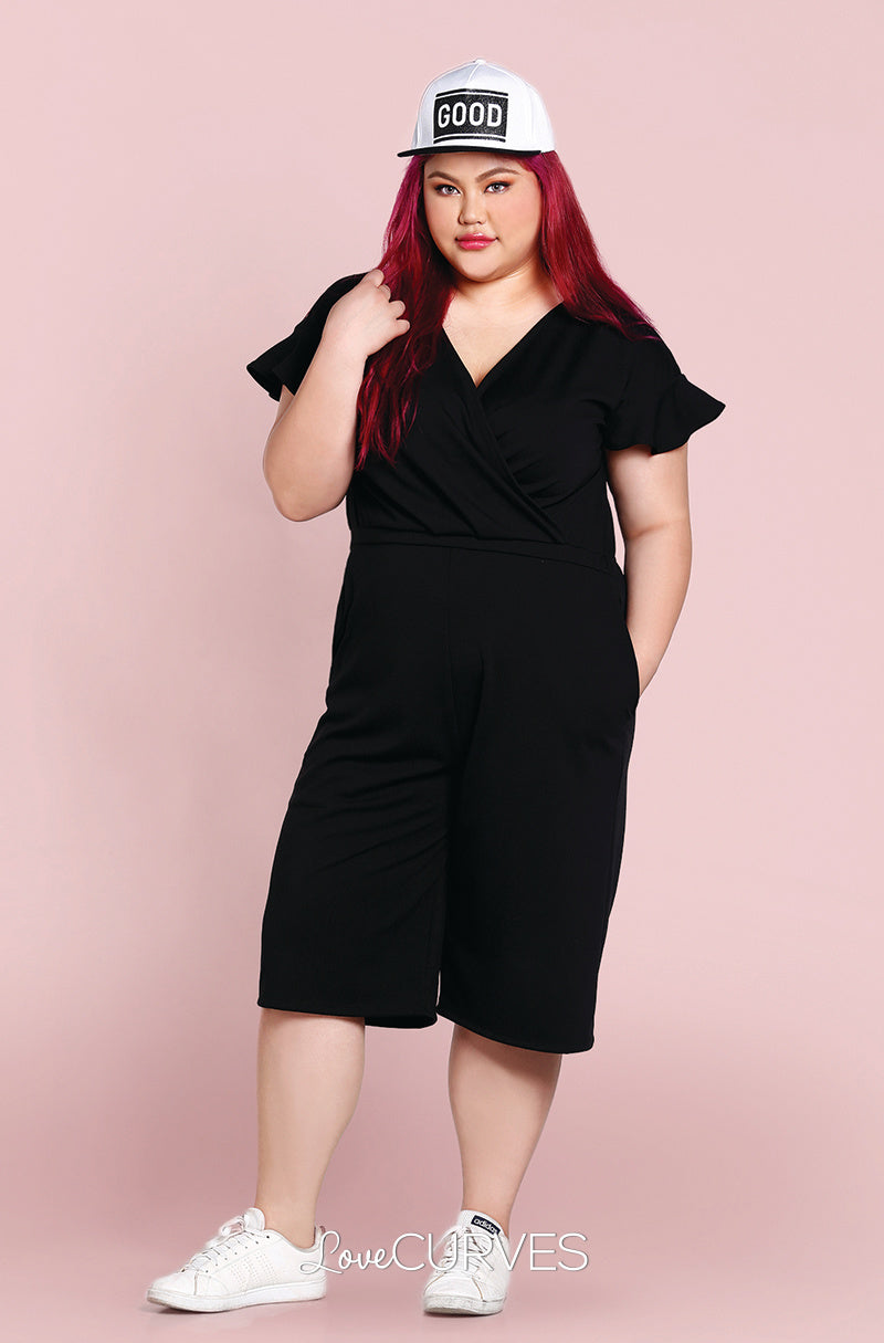 Frill Sleeves Wide Leg Cropped Jumpsuit - Black -OLI