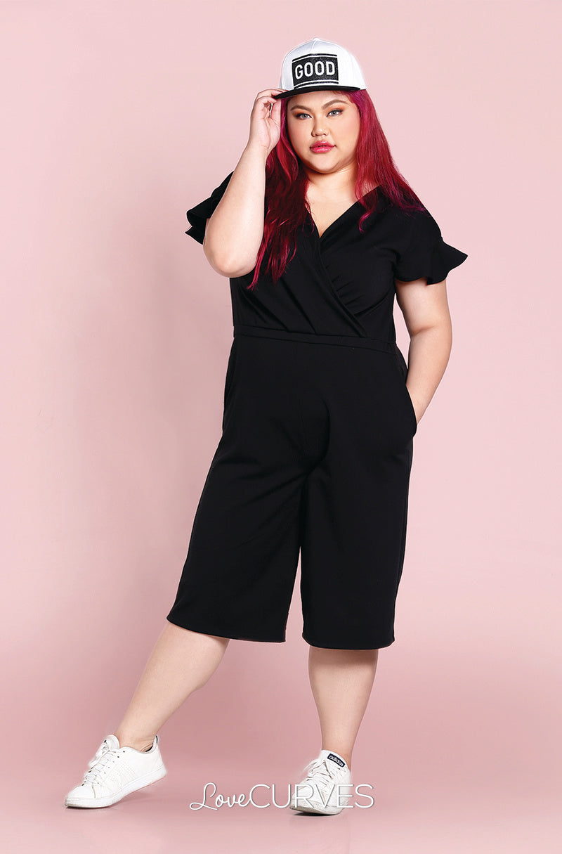 Frill Sleeves Wide Leg Cropped Jumpsuit - Black -OLI