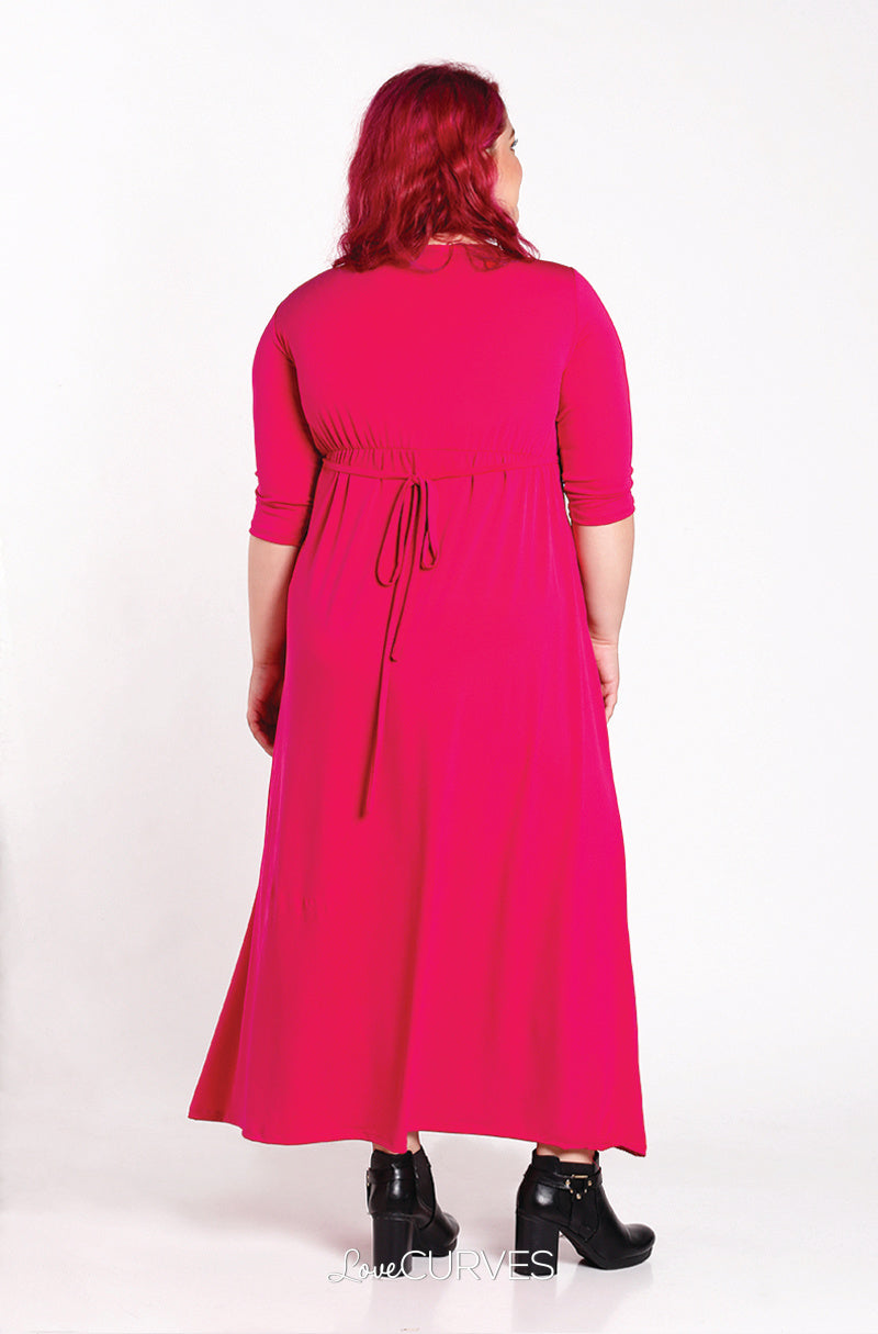Pleated Wrap Maxi Dress with Charm Belt -Dark Pink - KDR