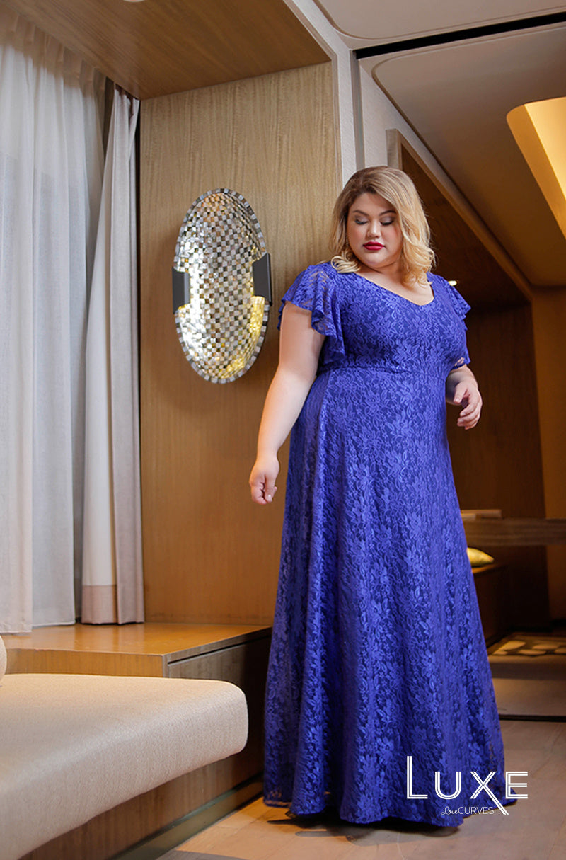 Flounce Sleeves Lace Gown - Sapphire Princess - LUXE