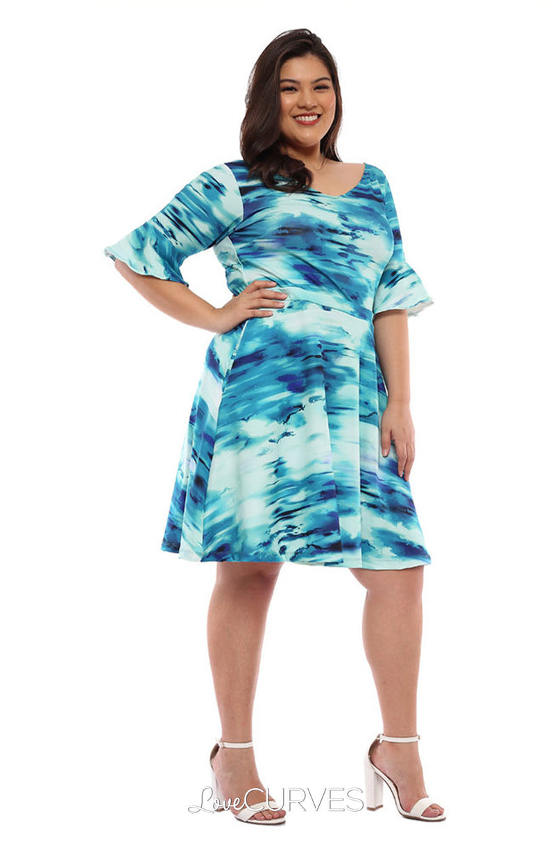 Frill Sleeves Fit and Flare Dress - Azure Tie Dye