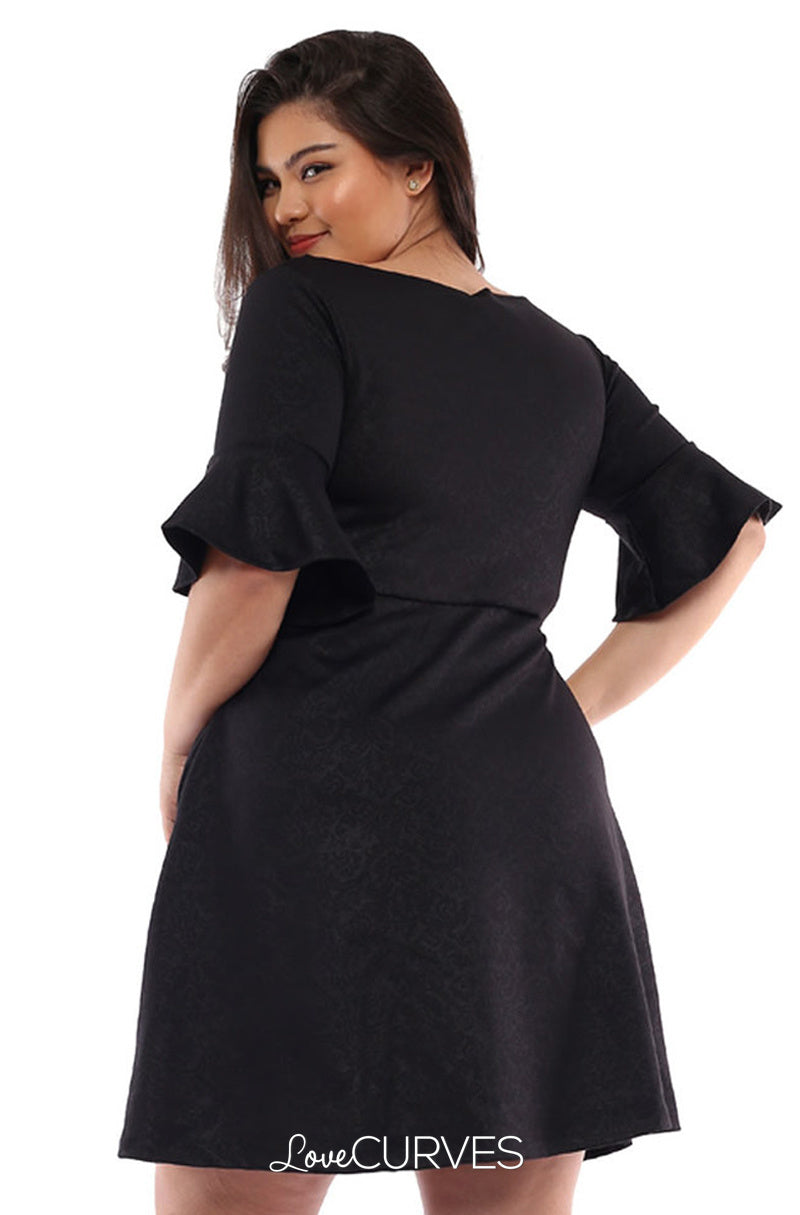 Frill Sleeves Fit and Flare Dress - Black Brocade