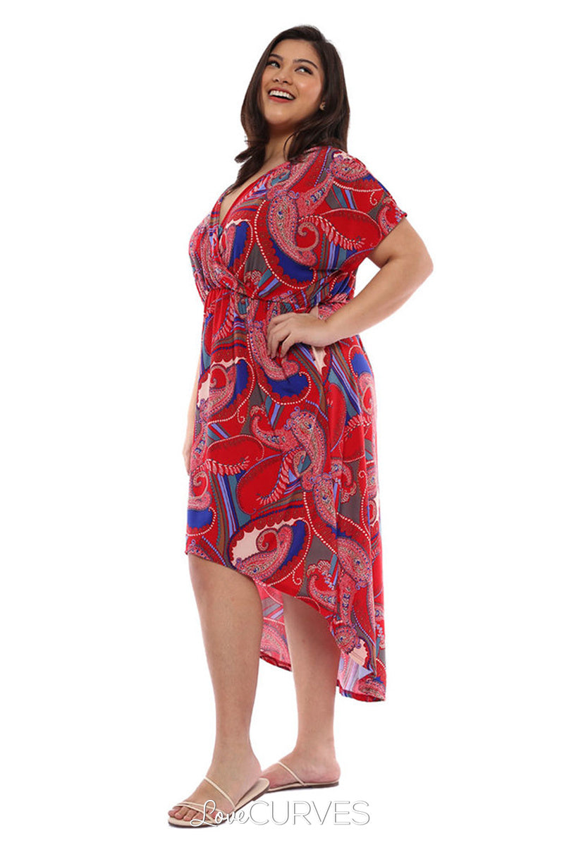 Wrap Mullet Dress with Pockets - Red Paisleys
